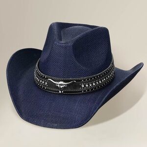 Metal Steer Head Emblem Studded Leather Band Western Straw Cowboy Fedora Hat